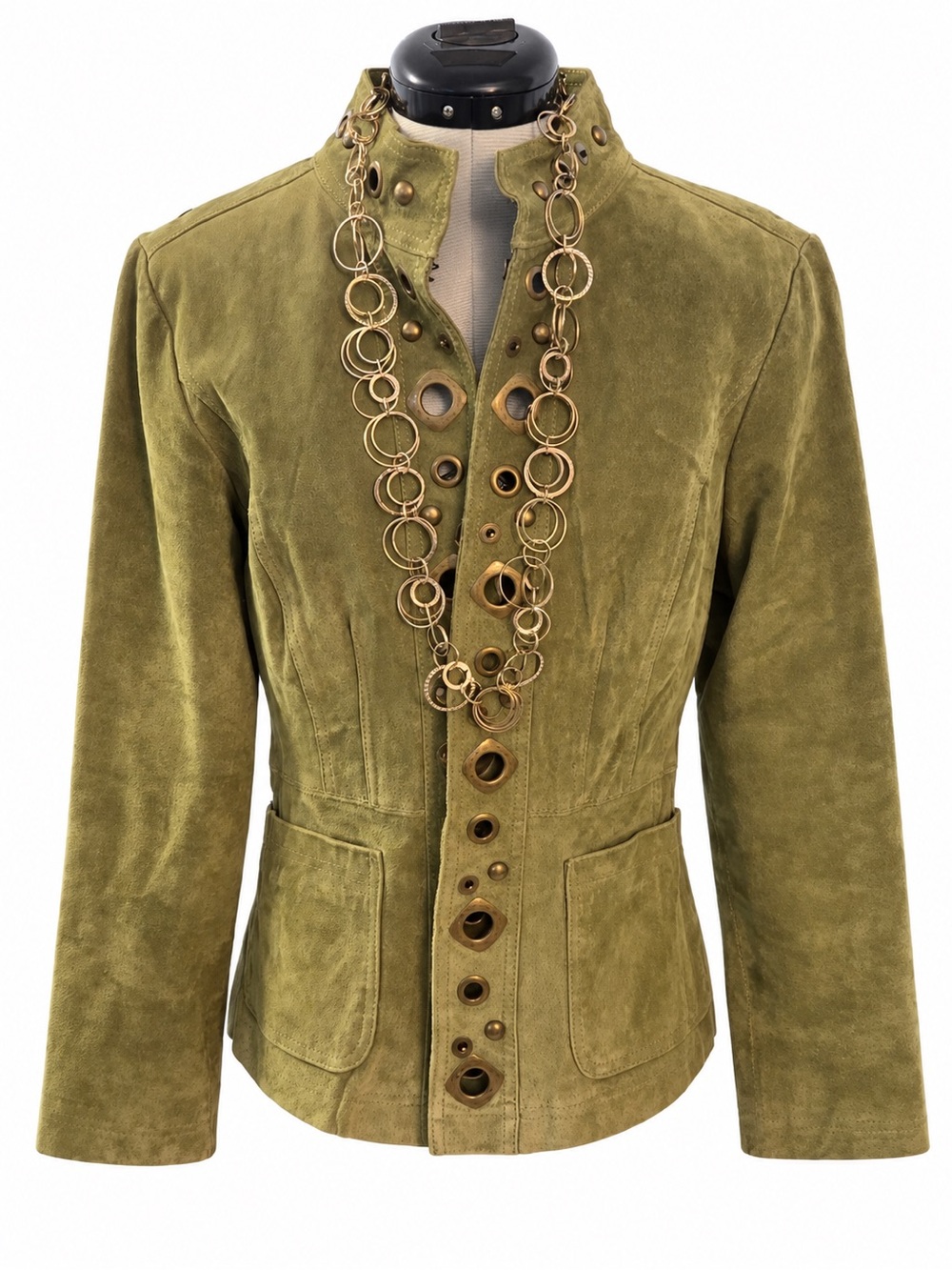 Olive Suede Women's Leather Jacket with Grommet Details